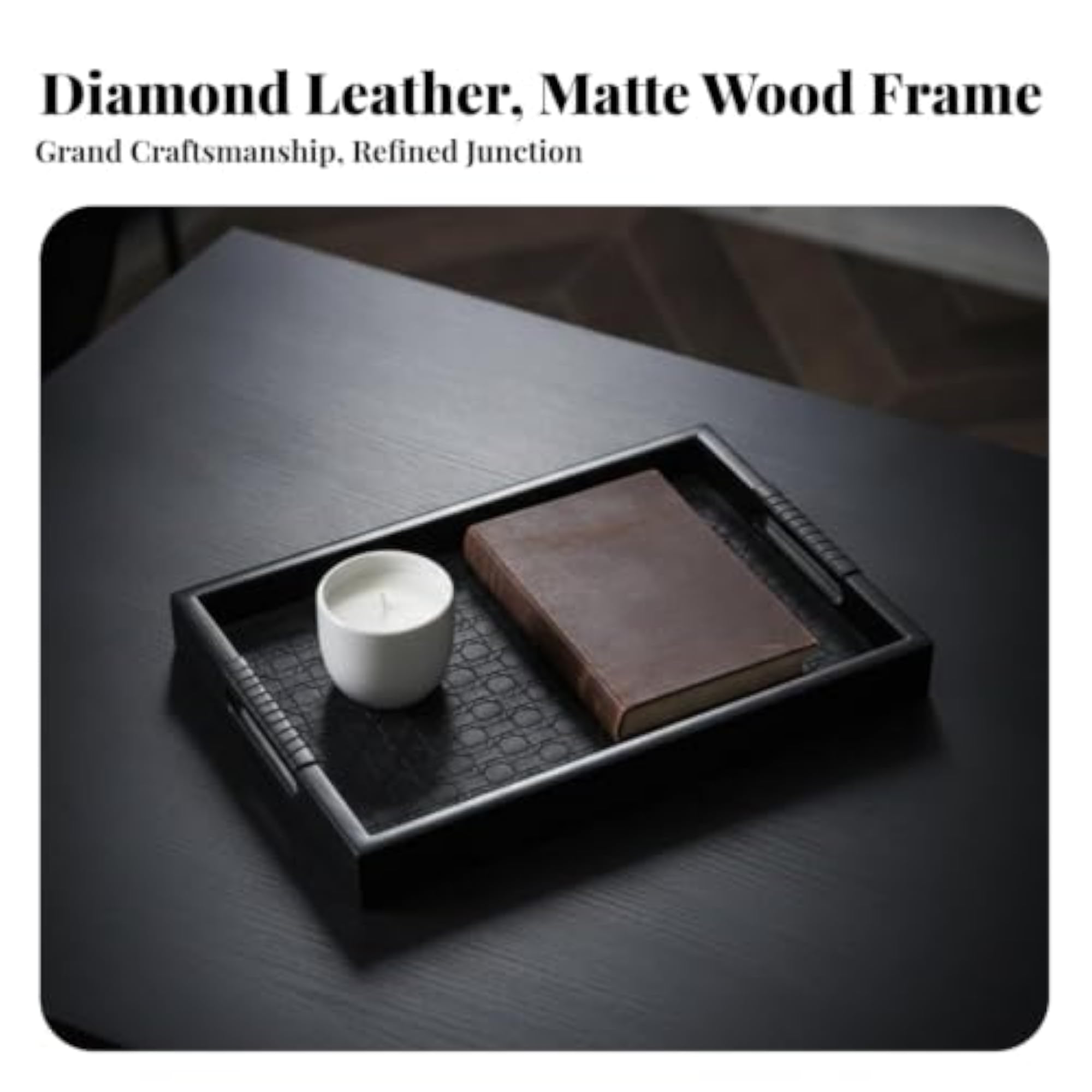 Rectangular Wooden Tray with Leather Surface, Elegant Design