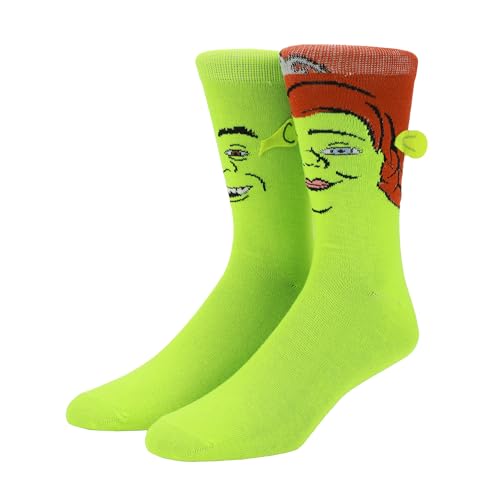 Bioworld Shrek Fiona & Shrek Faces With 3D Ears Men's Green Casual Crew Socks