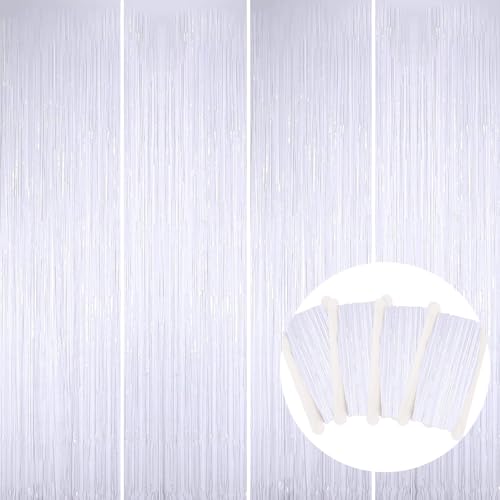 Image of BEISHIDA 4 Pcs White Door Streamers Tinsel Curtain Party Streamers Backdrop Fringe Foil Wall Background for Birthday Halloween Christmas Wedding Party Decoration(3.28 ft x 6.56 ft)