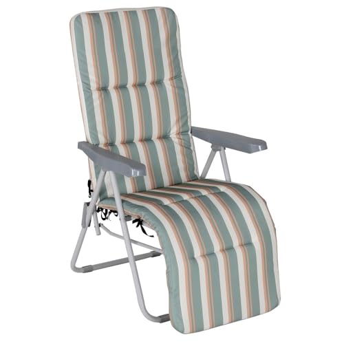MONTY Sillón de Jardín Acolchado, Reclinable con Reposapiés Verde Multicolor. Estructura de Tubo de Acero anticorrosión y Lona a Rayas. Colchón de 5 cm de Grosor, Plegable. 61x58x106 cm.