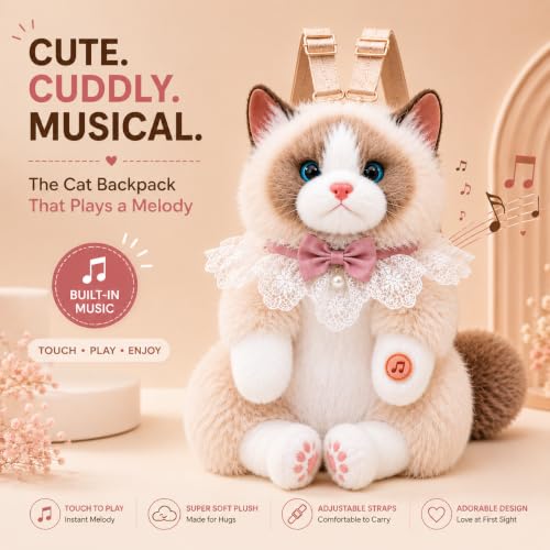 Image of Babique Realistic Cat Plush Backpack with Meow Sound, Cute Fluffy Kitty Soft Toy Shoulder Bag for Girls, Women & Kids, Kawaii Animal Plush Backpack for Travel, School, Daily Use & Birthday Gift, Cream