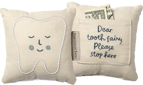 Primitives by Kathy Dear Tooth Fairy Stop Here Mini Tooth Pillow 5x5-Inch Cotton Blend Blue Embroidered Keepsake with Storage Pocket and Tooth Design on Front