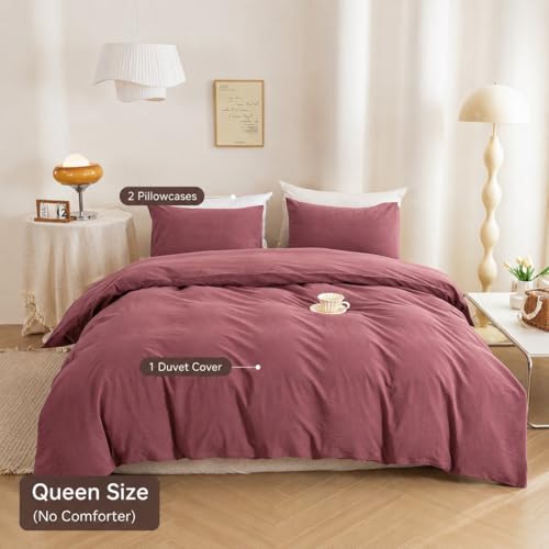 Image of ECOCOTT Duvet Cover Queen Size, 100% Washed Cotton Linen Feel Comforter Cover - 3pcs Dusty Rose Bedding Set with Zipper Closure & Corner Ties