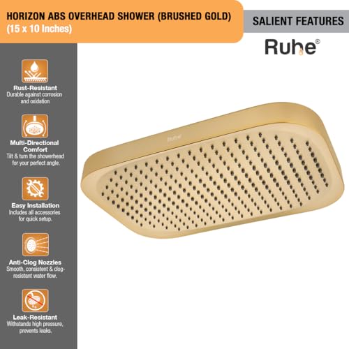 Image of Ruhe Horizon Overhead Shower (15 x 10 Inches) | Rainfall Showerhead | Easy Install | Luxury Spa Experience, Brushed Gold Finish