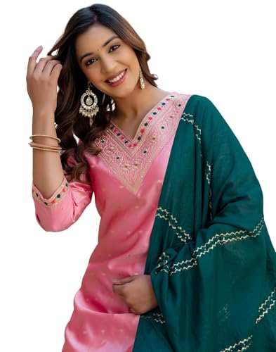 Image of SKYLEE Silk Blend Embroidery and Sequins Work, Weaving, Lace Straight Kurta Set with Dupatta
