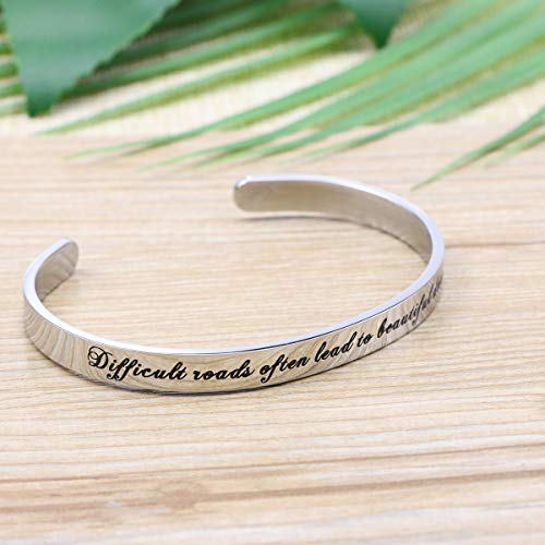 Motivational Gifts Silver Bangle Bracelet For Women Inspirational Jewelry Gifts "Difficult Roads Often Lead To Beautiful Destinations" #TOP1