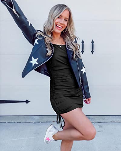 Wenrine Women Bodycon Mini Dress Sleeveless Drawstring Ruched Basic Party Club Tank Dress Black #TOP2
