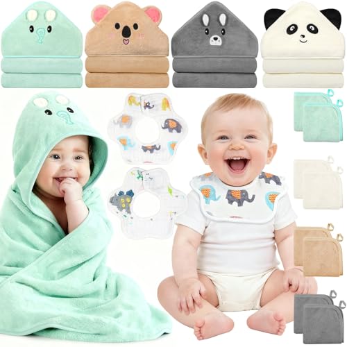 Image of 14 Pcs Baby Towels Washcloths and Baby Bibs Set, 4 Pcs 32x32 Hooded Bath Towel, 8 Pcs Baby Washcloths and 2 Pcs Cotton Baby Bibs for Newborns, Toddlers and Kids, Soft Baby Towel Set for Boys and Girls