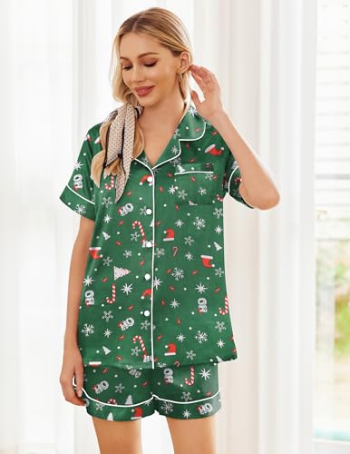 Image of Ekouaer Womens Silk Satin Pajama Sets Soft Short Sleeve Button Down Sleepwear Top and Shorts 2 Piece Pjs Lounge Set