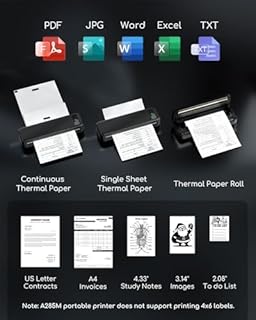 Portable Thermal Printer, Bluetooth Portable Printers Wireless for Travel, Small Inkless Printer for Phone Laptop, Support 8.5" X 11" & A4 Thermal Paper, Compact Mobile Printer for Office Home School