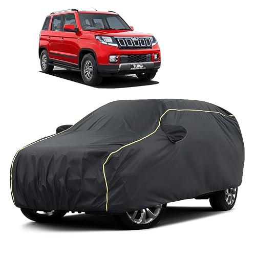 Image of Sulfar 100% Water Resistant Car Body Cover Compatible with Mirror for Mahindra TUV300 (Triple Stitched, Full Bottom Elastic, Dark Grey Taffeta with Yellow Piping)