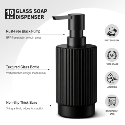 Image of VIMERPA Hand and Dish Soap Dispenser Set for Kitchen, 2 Pack 10 fl oz Matte Black Ribbed Glass Soap and Lotion Dispensers Sets with Pump for Bathroom, Modern Refillable Liquid Soap Pump Bottle