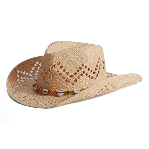 Image of Men's Cowboy Hats Summer Women Beach Cowgirl Hat Raffia Unisex Western Sun Hat