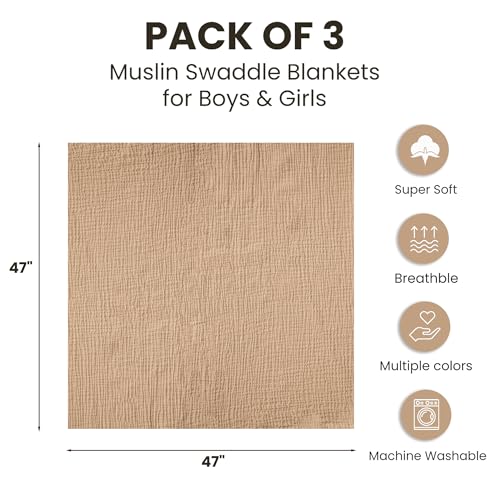 Image of Konssy 3 Pack Muslin Swaddle Blankets for Unisex, Newborn Receiving Blanket, Large 47 x 47 inches, Soft Breathable Muslin Baby Swaddles for Boys & Girls