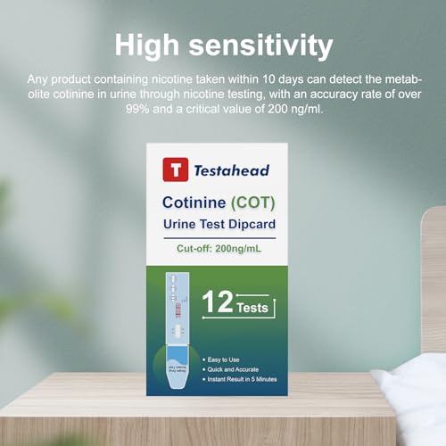 T TESTAHEAD Nicotine Test Kit at Home - Highly Sensitive Nicotine Urine Test Strips for Home - Continine Tobacco Urine Test Strips Detection at 200 ng/mL - Rapid Nicotine Urine Test Kit - 12 Pack