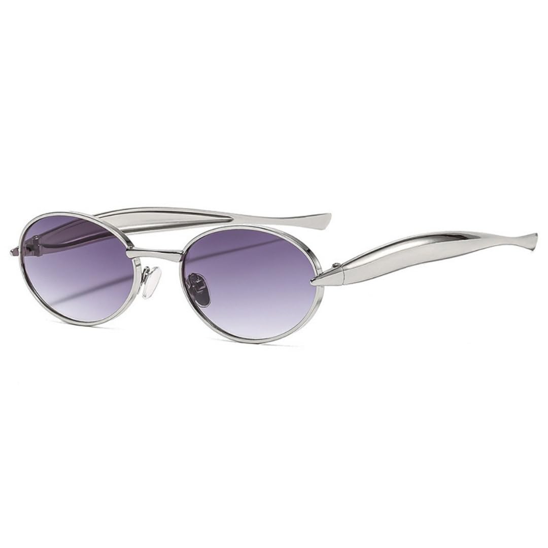Gafas de sol ovaladas con degradado morado, marco de metal plateado UV400 | Diseño retro mini ovalado, marco de metal plateado con patillas curvadas anchas y lentes degradadas púrpura UV400