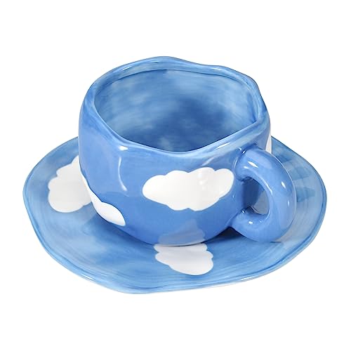 Image of Koythin 10oz Ceramic Mug With Saucer, Dark Blue Sky White Cloud Latte Cup
