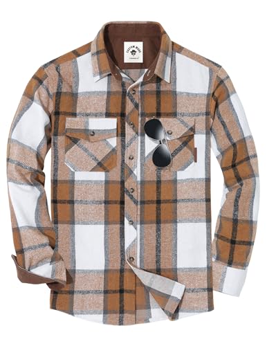 TARAINYA Flanellhemd Herren Langarm Kariertes Karohemd Holzfällerhemd Oktoberfest mit Tasche Regular Fit Khaki Weiß M