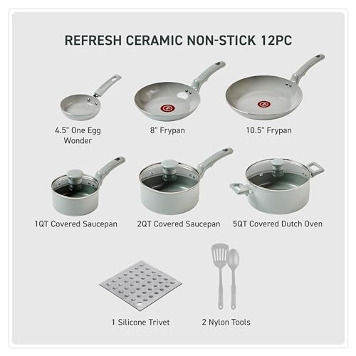 T-fal Refresh Ceramic Ceramic Non Stick Cookware Set 12 Piece, Oven Broiler Safe 350F, Cookware, Kitchen Cooking Set w/Fry Pans, Saucepans & Kitchen Utensils, Pots and Pans Set Nonstick, Moon Gray - Image 2