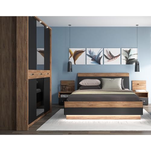 Lomadox Schlafzimmer Set 4-teilig mit Bett 160x200 in Eiche mit schwarz matt