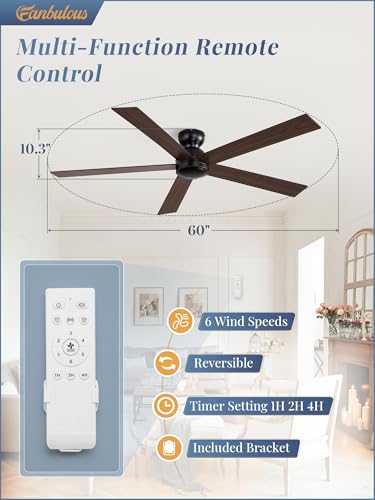 Image of Fanbulous 60 Inch Ceiling Fan no Light, Flush Mount Low Profile, Black