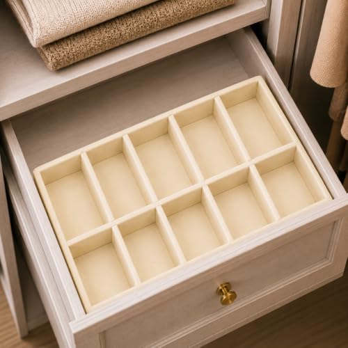 Image of 10 Slot Tie Organizer Tray for Ties and Accessories, Cream | Closet drawer storage tray with dividers for ties, pocket squares, belts, watches and small mens accessories arranged neatly