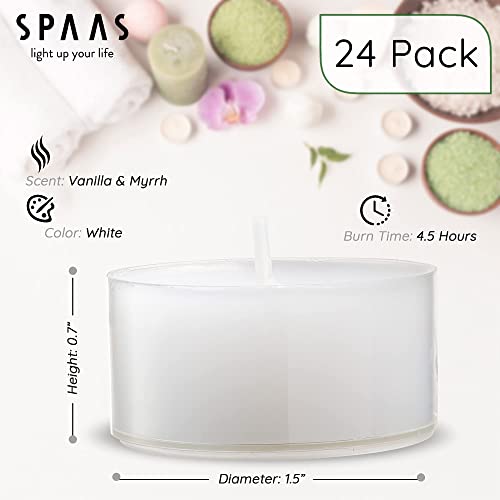 Spaas Scented Tea Lights Candles In Clear Cups - Vanilla & Myrrh Fragrance | Premium Long Burning Scented Tealight Candles For Spa, Romantic Décor, Meditation, Dinner, And Home Décor | Pack Of 24 #TOP2
