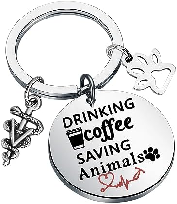 Vet Tech Gifts Veterinarian Keychain Drinking Coffee Saving Animals for Veterinary Practitioner Animal Rescue Gifts