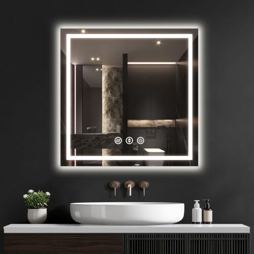 Image of 30x30 LED Bathroom Mirror with Anti-Fog, Backlit & Front Lit, Memory | Stepless Dimmable 3 Color CRI 95+ Shatterproof Tempered Glass ETL Listed for Safety Lighted Bathroom Vanity Mirror for Wall