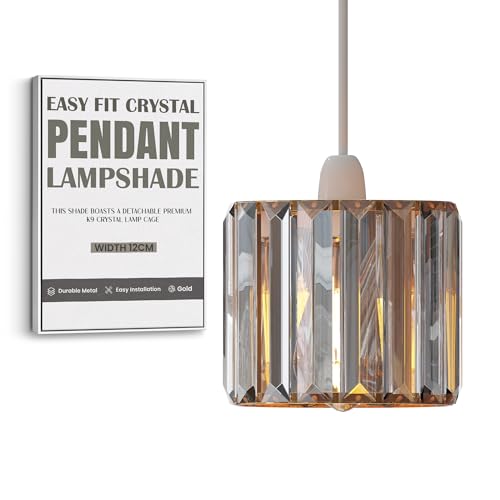 Image of LEDSone Modern Crystal Light Shade 12cm Gold Easy Fit Glass Shade Hanging Pendant Lampshade E27 Ceiling Light Fixtures Chandelier for Bedroom, Living Room, Kitchen, Hallway