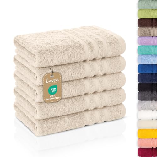 Lavea 5er Set Gästehandtücher 30x50 cm Weiche & Saugstarke Gästetücher aus 100% Baumwolle Frottierserie Elena Waschbar 60C Trocknergeeignet - Creme