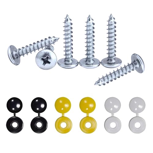 Car Number Plate Screws and Caps Set - 12 Pcs with Black White Yellow Screw Caps and 6 Self Tapping Screws - License Plate Fixing Kit for Car Registration Plates
