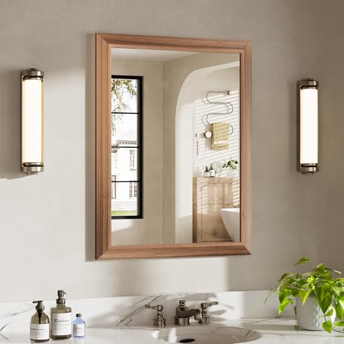 Image of 24x32 Inch Bathroom Mirror for Wall, Anti-Rust Walnut Wood Grain Metal Framed Bathroom Mirrors for Over Sink,Rectangler Mirrors for Bathroom Vanity, Farmhouse, Bedroom, Living Room, Entryway Decor