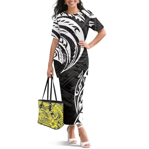 Image of Puletasi Samoan Traditional 2 Piece Outfits for Women Short Sleeve Crop Top and Maxi Skirt Sets Puletasi Dress