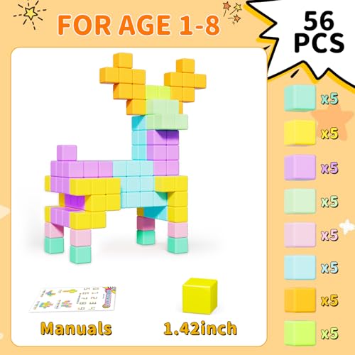 Image of Large Magnetic Blocks for kids ages 4-8-Toddler Toys,56PCS Big Magnet Building Blocks, STEM Sensory Travel Autism Montessori Toys for Boys&Girls, Learning Construction Magnetic Cubes for Birthday Gift