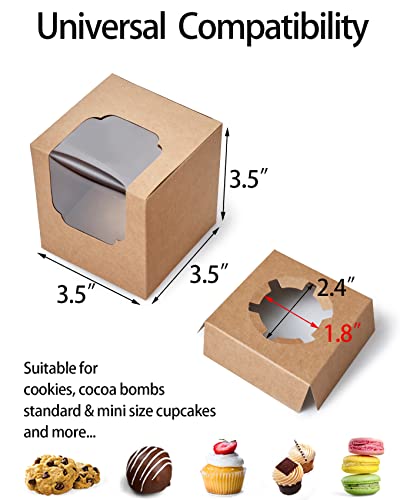 Happyhiram Cupcake Boxes 50 Pcs Brown Kraft Individual Cupcake Box, Single Cupcake Containers Paper Holders With Inserts And Window For Muffins Cookies Cocoa Bombs Packaging Togo Boxes For Birthdays Showers Party Favors Packing #TOP2