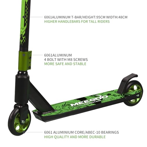 MEE GOO Pro Freestyle Stunt-Scooter ABEC-10 Kugellager, Trick-Scooter aus Leichter Legierung mit Rad aus Aluminiumlegierung, Rahmen bis zu 100 kg für Fortgeschrittene und Anfänger, Skatepark (grün)