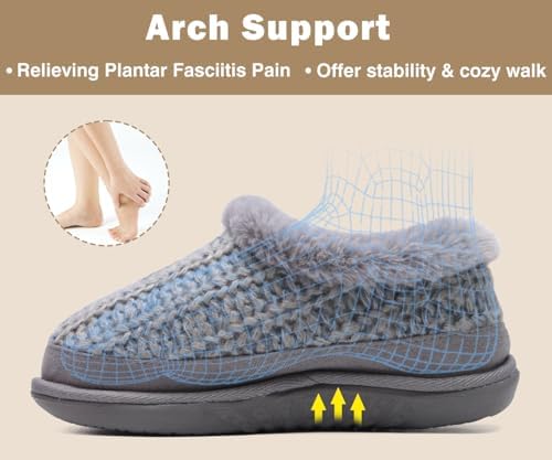 KuaiLu Womens House Slippers Comfortable Memory Foam Knit Slipper Ladies Warm Fuzzy Plush Fur Lined Winter Home Shoes Orthotic Plantar Fasciitis Arch Support Indoor Outdoor Hard Sole Grey Size 11 | Image 4