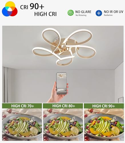 Plafonnier LED variable en forme de fleur, luminaire doré de 55cm et 38W avec sa télécommande - 6