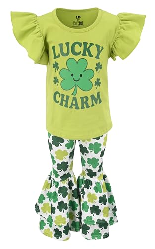 Image of Unique Baby 2 Piece Girls Double Bell Bottom Leggings Outfit with Short Sleeved Shirt Kid and Toddler Clothes Set
