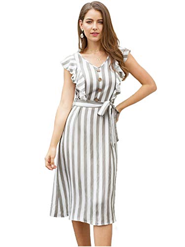Image of Women A-Line Midi Dress | V-Neck Cap Sleeve One Piece Dress with Waist Tie Detail | Knee Length Flowy Dress for Party and Casual Styling
