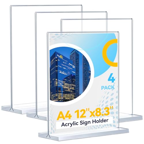 4 Piezas de Expositor de Metacrilato A4, Porta Menus para Restaurantes, Soporte en Forma de T, Transparente – Ideal para Restaurantes, Oficinas, Menús y Fotos