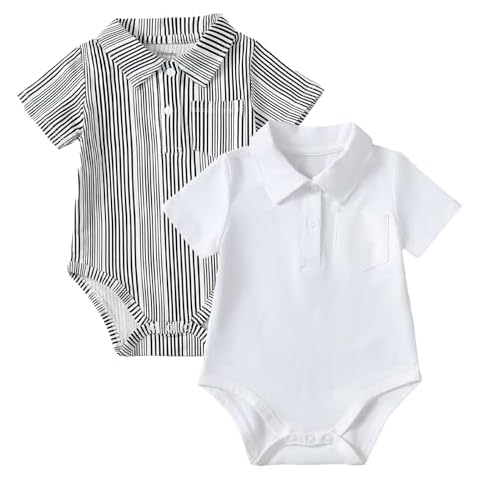 ROMPERINBOX Onsies for Baby Boy Polo Collar Bodysuit 2 Pack Short Sleeve Romper with Pocket(Stripe+WH,6-9 Months) Cover