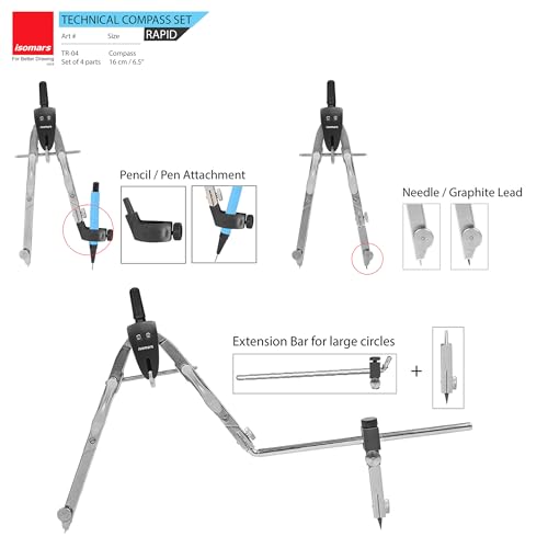 Image of Isomars Technical Drawing Compass Set | 4-Piece Engineering and Architectural Tools with Case | Rapid Adjustment Compass (Set of 4)