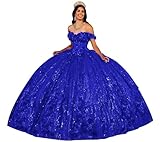 Royal Blue Sweet 16 Quinceanera Dresses 3D Floral Corset Ball Gowns for Vestido de 15 años Sparkly Sequin Off Shoulder Prom Dresses Size 12