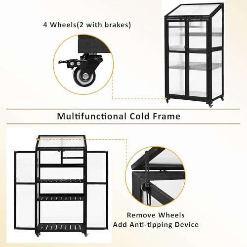 Polibi-Wooden-Greenhouse-Cold-Frame-Portable-Greenhouse-with-Wheels-and-Adjustable-Shelves-for-Indoor-Outdoor-Patio-Balcony-Garden-315-Lx224-Wx62-H-Black Polibi Wooden Greenhouse Cold Frame Portable Greenhouse with Wheels and Adjustable Shelves for Indoor Outdoor Patio Balcony Garden 315 Lx224 Wx62 H Black
