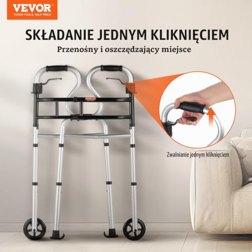 VEVOR Składany chodzik na kółkach, składany chodzik 3 w 1 z regulowaną wysokością i szerokością, lekkie aluminium | pomoc w poruszaniu się na przednich kołach dla osób starszych niepełnosprawnych, do