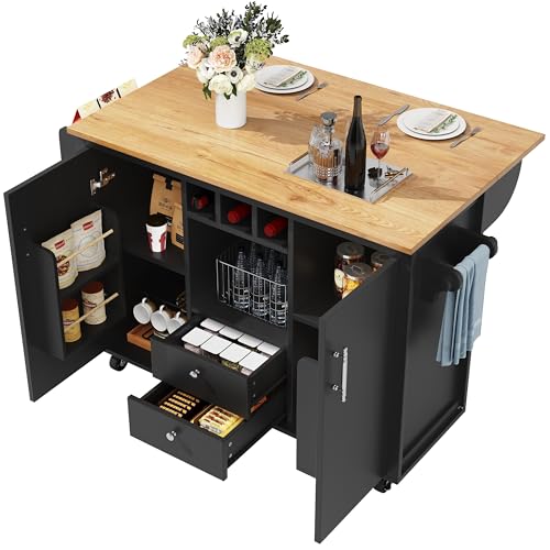 Lahoomu DE-DT-26-black Bewegliche Kücheninsel mit Klapptisch