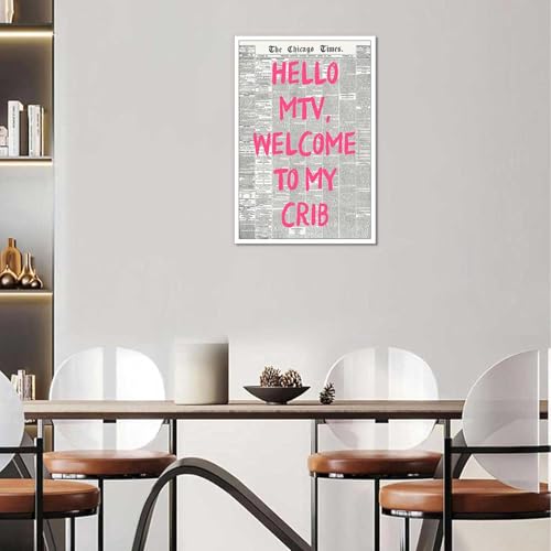 Image of Drimiler Retro Hello Mtv Welcome To My Crib Posters Pink Font Newspaper Canvas Wall Art Positive Affirming 70'S Room Aesthetic Prints Painting For Home Bedroom Dorm Wall Decor 8x12in Unframed