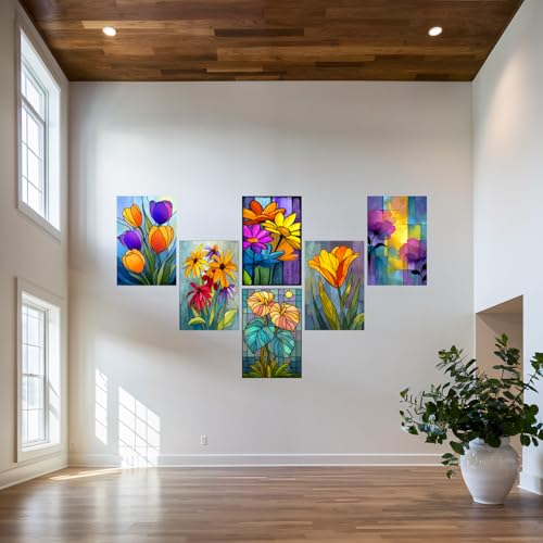 Image of SiddArtify Floral Stained Glass Wall Art Poster Print Set - Modern Flower Decor for Living Room Bedroom Office - 12x18 inch Board Pack of 6